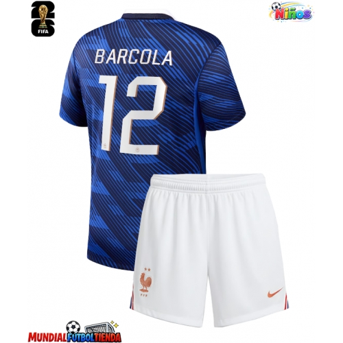 Camiseta Francia Bradley Barcola #12 Primera Equipación Replica Mundial 2026 para niños mangas cortas (+ Pantalones cortos)